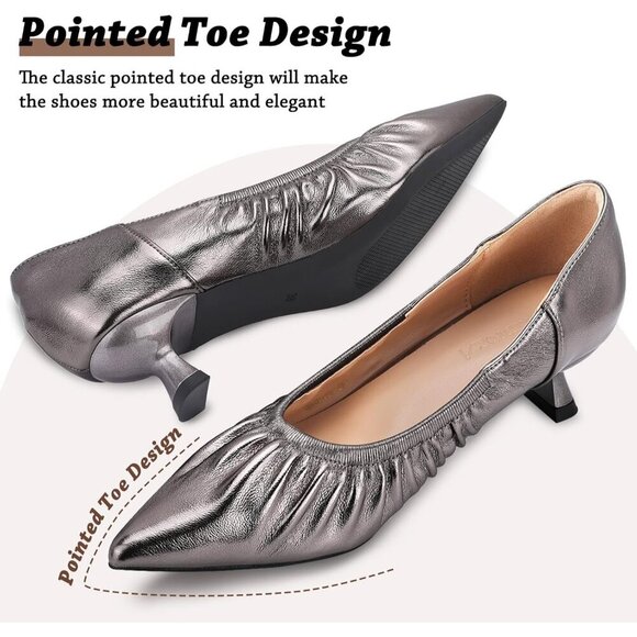 🆕 Gunmetal Kitten Heel Bridal Pleated Pumps Slip-On Pointed Toe Dress Shoes - Picture 3 of 7